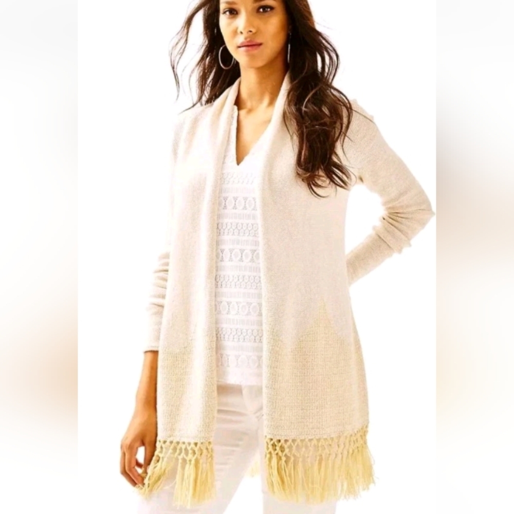 Women's Lilly Pulitze Small Gold Metallic Tatum Long Fringe Hem Cardigan
